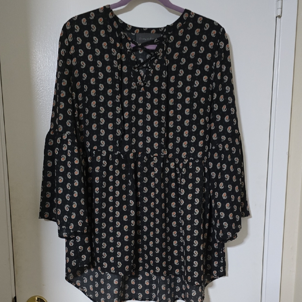Sunday in Brooklyn Black and White Asymmetrical Bell Sleeve Blouse